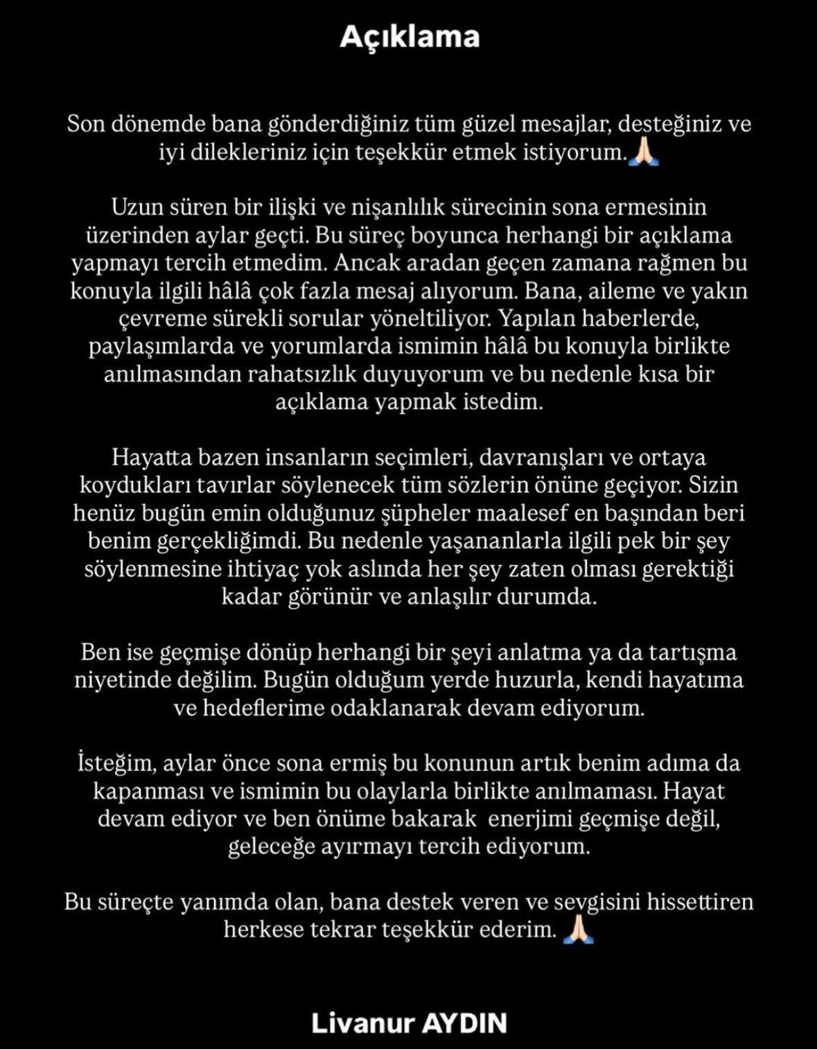 Livanur Aydın'ın sosyal medyada yaptığı açıklama